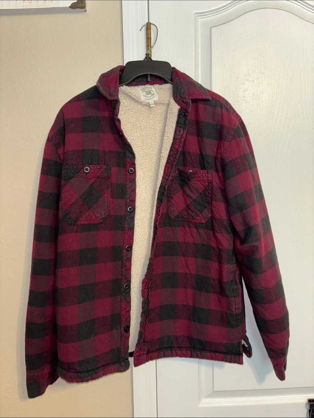 True Craft Men's Burgundy and Black Plaid Sherpa Shirt Jacket
